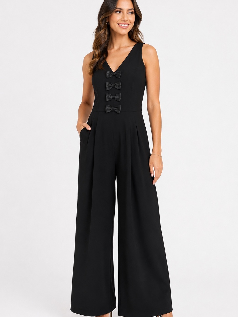 London Times Black V-Neck Sleeveless Wide-Leg Jumpsuit Bow Accent Size 8 NWT